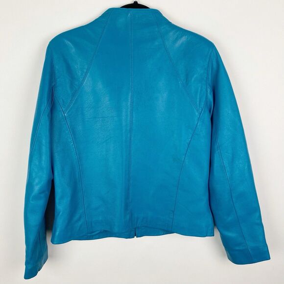 YVONNE‎ MARIE Blue Leather Zip Up Biker Jacket - Size 6 - Picture 2 of 4